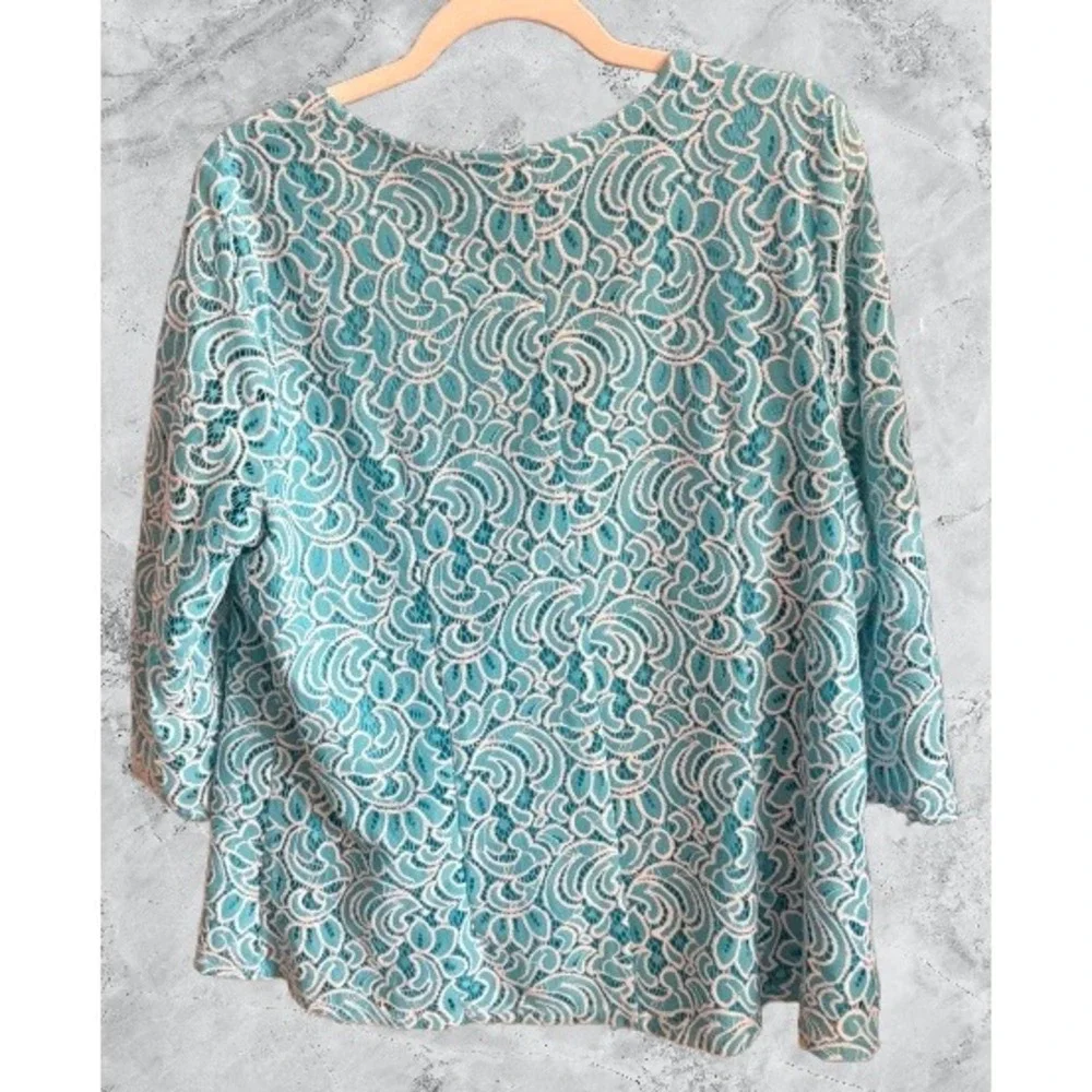 Allison Daley Womens XL Teal Blue White Floral Lace 3/4 Sleeve Blouse Top - Picture 4 of 6